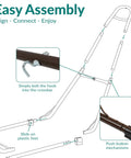 Easy assembly details of the Heavy Duty Outdoor Hammock Stand For 9 To 14 Foot Hammocks, Bronze Finish, showing hooks and push button.