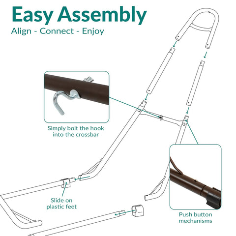 Easy assembly details of the Heavy Duty Outdoor Hammock Stand For 9 To 14 Foot Hammocks, Bronze Finish, showing hooks and push button.