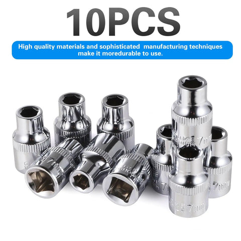 10 Piece 7mm Shallow Sockets Set With Three Eighths Inch Drive 6 Point Corrosion Resistant Durable Gear in chrome vanadium