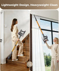 Woman using Cordless Vacuum Cleaner With 450W Motor And 40KPa Suction, Beast Power For Home Cleaning on stairs and curtains