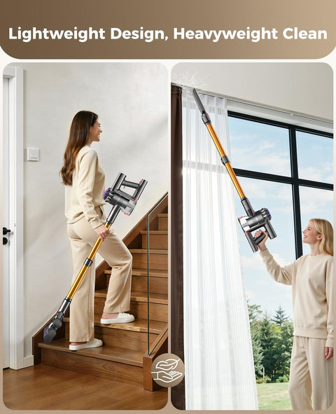 Woman using Cordless Vacuum Cleaner With 450W Motor And 40KPa Suction, Beast Power For Home Cleaning on stairs and curtains