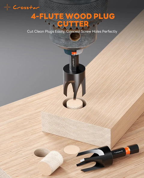 Crosstar 4-flute wood plug cutter from All In One Countersink Drill Bit Set With Wood Plug Cutter And Stop Rings For Pros And DIYers Crosstar 18 Piece Kit With Tapered Pilot Bits M2 HSS And One Quarter Inch Quick Change Hex Shank Includes Storage Box, cutting plug in wood.