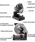 Front view of 14 Inch Brushless Cold Cut Saw With 3500W Power Variable Speeds 66 Tooth Ferrous Metal Blade, labeled parts
