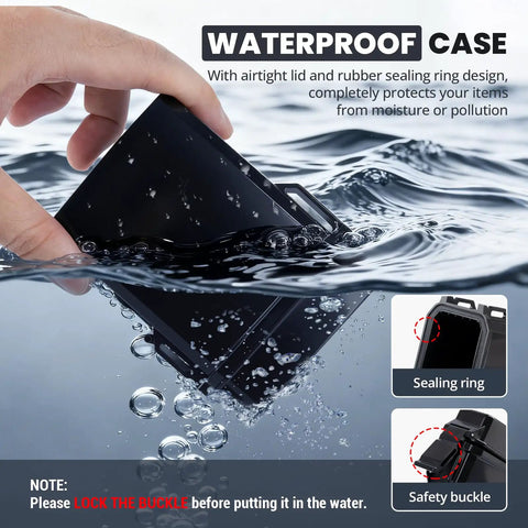 Waterproof 84mm EDC Storage Case With Lanyard submerged in water showcasing airtight lid and sealing ring design.