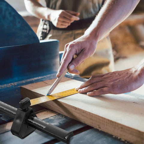 Dead On Precision Carpentry Scriber Mortise Marking Gauge used for marking measurements on a wooden plank in a workshop.