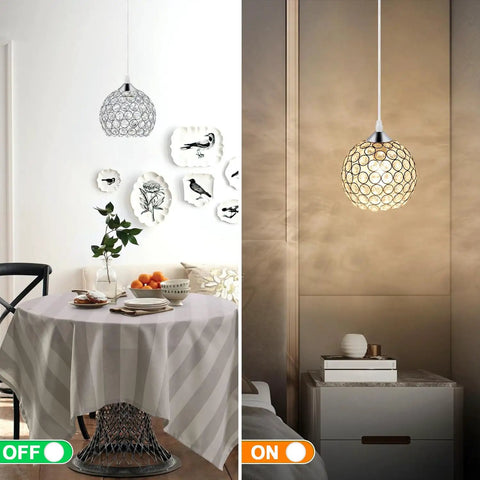 Modern rustic hanging light fixture for dining room showcasing on and off lighting effect over a round table