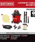 9 Gallon Wet Dry Shop Vacuum With 4.25 Peak HP, Portable Cleaner with included filter, 3 dust bags, hose, and attachments.