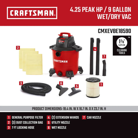 9 Gallon Wet Dry Shop Vacuum With 4.25 Peak HP, Portable Cleaner with included filter, 3 dust bags, hose, and attachments.