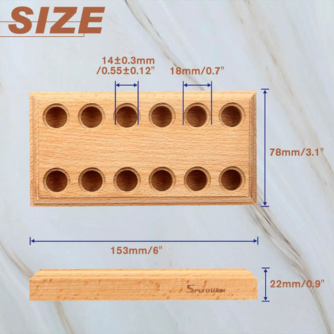 Wood Pliers Block Organizer for the Bench Fits 6 Pairs in a 12 Hole Pliers Rack with dimensions displayed