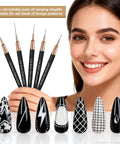 Gel Polish Nail Art Brushes and Dotting Tools Kit with five liner brushes displayed with nail art designs.