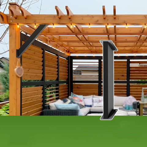 Heavy Duty 45 Degree Angle Corner Braces For Pergolas, Decks And Posts, Black Powder Coated Steel Diagonal Support Brackets With Triangular Design For Maximum Stability, Outdoor DIY Kit, Post Connector, 2 Pack installed on a pergola.