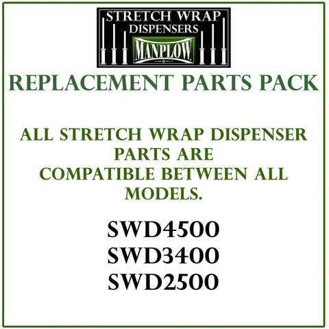Stretch Wrap Dispenser Replacement Parts Pack Compatible With SWD3400 SWD2500 And SWD4500 poster showing compatibility text