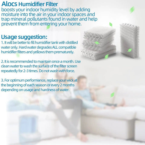 Relion Compatible Humidifier Filter Replacement Pack Of 4 For RCM832 showing filters and usage tips