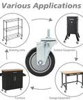 Heavy Duty 4 Inch Swivel Caster Wheels 4 Pack With Reinforced Steel Axles And Silent Polyurethane Treads shown on various applications such as shelving units and furniture.