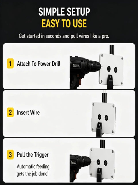 Heavy Duty Drill Powered Cable Pulling Tool Automatic Wire Fish Tape For Electricians Easy Threading In Pvc Metal Conduit Up To 0.3 Inch Residential Wiring Helper Effortless Power Extraction setup demonstration with drill attachment steps.