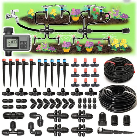 233-Foot Drip Irrigation System Kit With Timer For Garden And Greenhouse Includes 33-Foot 1/2-Inch Tubing And 200-Foot 1/4-Inch Tubing