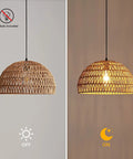 Boho Rattan Pendant Lamp With Hand Woven Wicker Rope Shade Dome Ceiling Basket Chandelier LED Industrial Hanging Light For A Cozy Farmhouse Kitchen Living Room Or Bar E26 Base 16x9.25 Inch showing light on and off