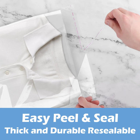 Clear Poly Bags For Clothes Set Of 70 12x16 Inches Resealable Shirt Bags For T Shirts Hoodies And Garments Great For Gift Wrapping Party Favors Artwork Protectors Decorative Wrappers Transparent Packaging showing easy peel and seal feature on a marble background