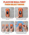 6-in-1 Stud Finder Wall Scanner, Electronic Wall Detector instructions showing power button and detection modes on device.