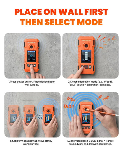 6-in-1 Stud Finder Wall Scanner, Electronic Wall Detector instructions showing power button and detection modes on device.