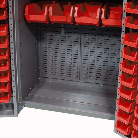 Top Tier Deep Door Bin Cabinet Loaded With 156 Red Plastic Storage Totes For Shop Organization Heavy Duty Polypropylene Containers Secure Lock Hasp Built Different, showing red bins inside gray cabinet.