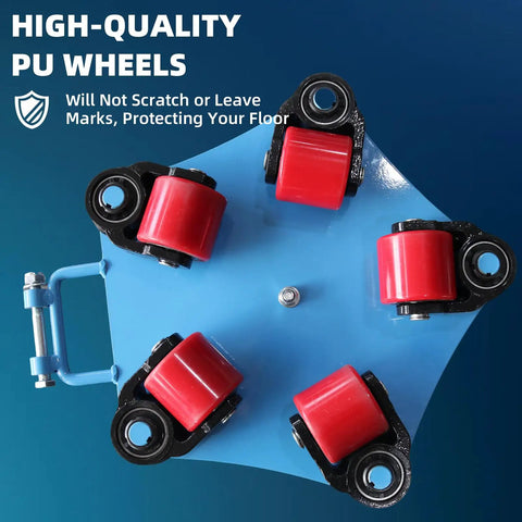 Close-up of high-quality PU wheels on Anteqvip 4 Ton Machine Skate Heavy Duty Industrial Mover for safe floor transport.