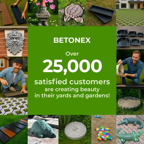 Collage of DIY garden and yard concrete mold projects; includes stepping stones, wall art, and decorative garden elements.