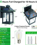 Solar Powered Outdoor Wall Light With Three Modes Dusk To Dawn Motion Sensor No Fuss Easy Install Waterproof Porch Lantern For Patio Fence Exterior Security Lighting with dimensions and installation parts shown.