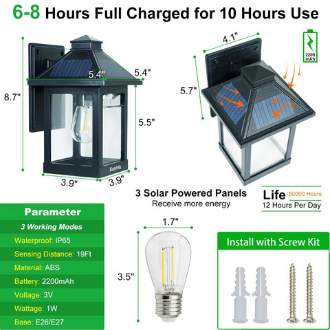Solar Powered Outdoor Wall Light With Three Modes Dusk To Dawn Motion Sensor No Fuss Easy Install Waterproof Porch Lantern For Patio Fence Exterior Security Lighting with dimensions and installation parts shown.