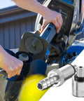 MorningRo Six Piece Lower Unit Gear Oil Pump Adapters For Outboard Motors With Three Eighths Inch Metal Swivel And Eight Millimeter And Ten Millimeter Adapters Fits Most Boat Outboard Motors Standard Quart Bottles Gearhead Approved shown being used on a boat motor.