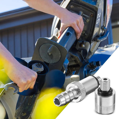 MorningRo Six Piece Lower Unit Gear Oil Pump Adapters For Outboard Motors With Three Eighths Inch Metal Swivel And Eight Millimeter And Ten Millimeter Adapters Fits Most Boat Outboard Motors Standard Quart Bottles Gearhead Approved shown being used on a boat motor.