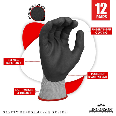 12 Pack Safety Performance Series Work Gloves For Construction And Mechanics Heavy Duty With Breathable Flex Superior Dexterity Knit Wrist Keeps Dirt Out Grey Size Large Durable Grip For Tools And Hand Protection showing flexible breathable design with foam palm coating.