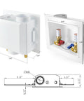 Washer Outlet Box DIY Ready With One Half Inch PexA Expansion Inlet And Three Quarter Inch MHT Outlet Copper Water Hammer Arrestor Center Drain Brass Quarter Turn Valves Preinstalled Support Lead Free Measures 9.25 In By 3.5 In By 8 In dimensions diagram and side view