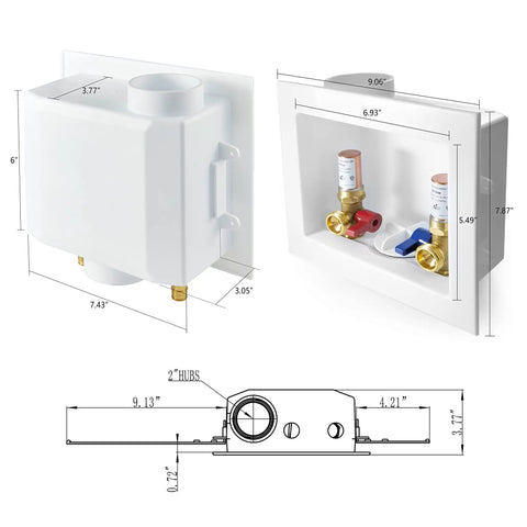 Washer Outlet Box DIY Ready With One Half Inch PexA Expansion Inlet And Three Quarter Inch MHT Outlet Copper Water Hammer Arrestor Center Drain Brass Quarter Turn Valves Preinstalled Support Lead Free Measures 9.25 In By 3.5 In By 8 In dimensions diagram and side view