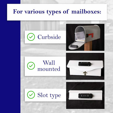 Mailbox Alarm For Delivered Mail Notification System with Wireless Transmitter on curbside, wall mounted, and slot type mailboxes.
