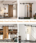 10 Ft Ceiling Mount Sliding Barn Door Hardware Kit Black installed in various rooms, including bedroom, closet, drawing room, and corridor.