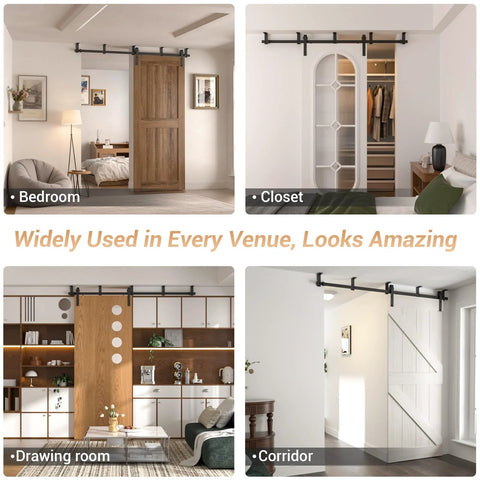 10 Ft Ceiling Mount Sliding Barn Door Hardware Kit Black installed in various rooms, including bedroom, closet, drawing room, and corridor.