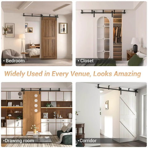 7 Foot Ceiling Mount Sliding Barn Door Hardware Kit Black Heavy Duty Steel Roller Hanger L Shape Bracket System For Low Ceiling Fits 42 Inch Wide Single Door Stable Quiet Smooth Operation in various room settings