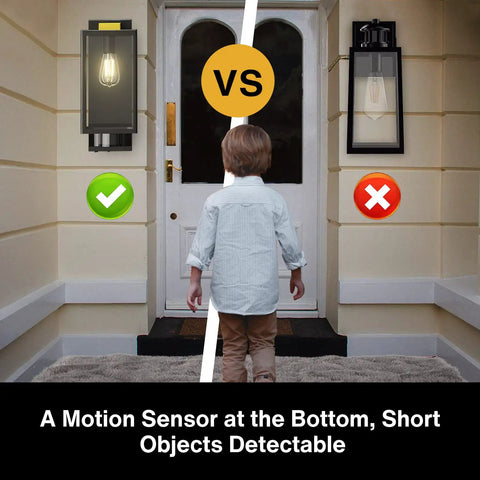 Comparison of two outdoor wall lanterns with motion sensor, one detecting a child, focus on Motion Sensor Outdoor Wall Light Dusk To Dawn Black Square Exterior Lantern For Porch And Garage Three Mode Setting With Easy Adjustable Panel Modern Wall Mount Lights Bulb Not Included for superior detection.