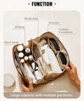 Open Travel Makeup Bag For Women With Large Capacity, Waterproof Cosmetic Pouch With Divider, Brown, Medium