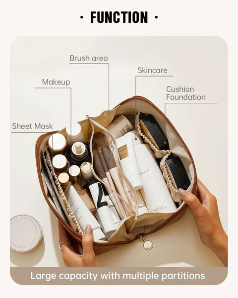 Open Travel Makeup Bag For Women With Large Capacity, Waterproof Cosmetic Pouch With Divider, Brown, Medium