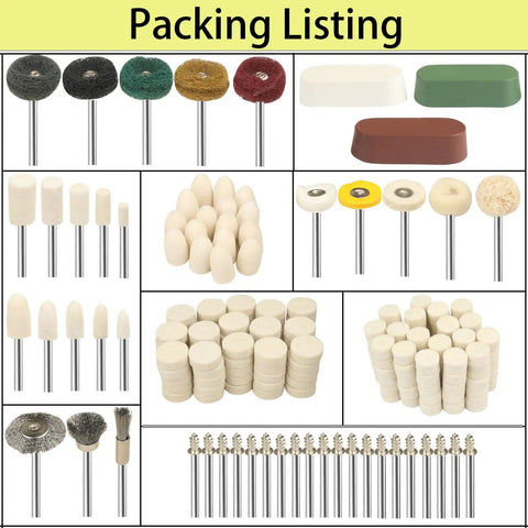 Pro Grade Rotary Tool Polishing Kit with Buffing Wheels, Felt Wool Pads, Polish Compound, Mandrels, 1/8" Shanks