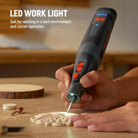 Cordless Rotary Tool Kit With 8V 2.5Ah Battery 5 Speeds Up To 30000 RPM LED Work Light 47 Piece Accessory Set in use for carving