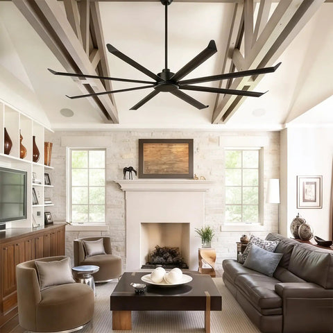 Massive 100 Inch Industrial Ceiling Fan Moves Serious Air Pmsm Motor With 8 Double Layer Aluminum Blades 21000 Cfm High Airflow in a stylish living room.