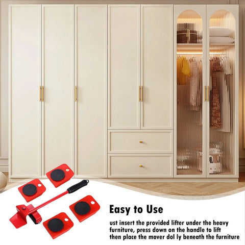 Heavy Duty Furniture Lifter With Non Slip Pads And Four Smooth Rollers For Effortless Moving tools against white wardrobe background.