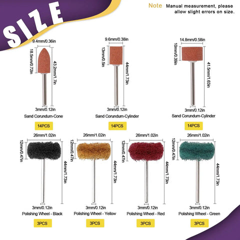 All In One 62 Piece One Eighth Inch Shank Rotary Tool Grinding Stone Set with Size Details and Colorful Mounted Points