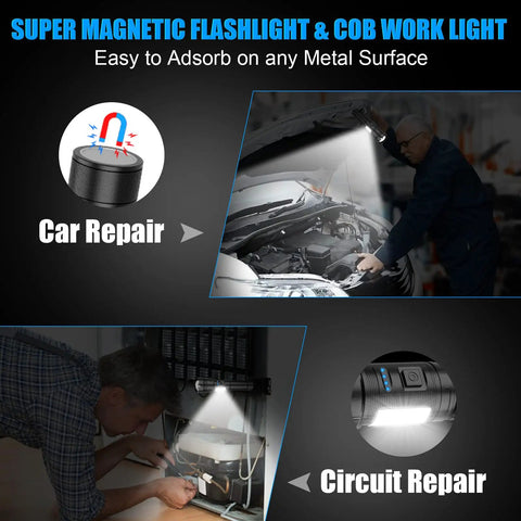 Beast Bright LED Magnetic Flashlight With USB Type C Rechargeable Battery used for car and circuit repair illumination