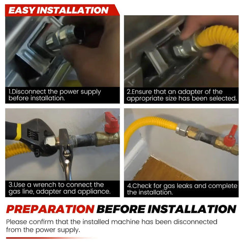Installation steps of 72 Inch Flexible Stainless Steel Gas Line Kit For Dryer Stove And Range with fittings connections.
