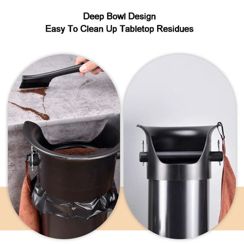 Ultra Heavy Duty Floor Standing Espresso Knock Box For Commercial Shops And Home Bars Hella Rock Solid Build Three Piece Snap Fit Design Super Fast Coffee Grounds Cleanup with deep bowl design for easy cleanup.