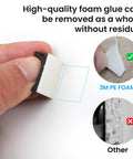 Close-up of adhesive foam on cable clip with comparison showing residue-free removal for 30 Pack Small Black Adhesive Cable Clips For Quick Cord Management Under Desk Nightstand TV PC Charger Dash Cam Ethernet And Wall Wire Organizer Keep Cords Neat Tidy And Out Of The Way.